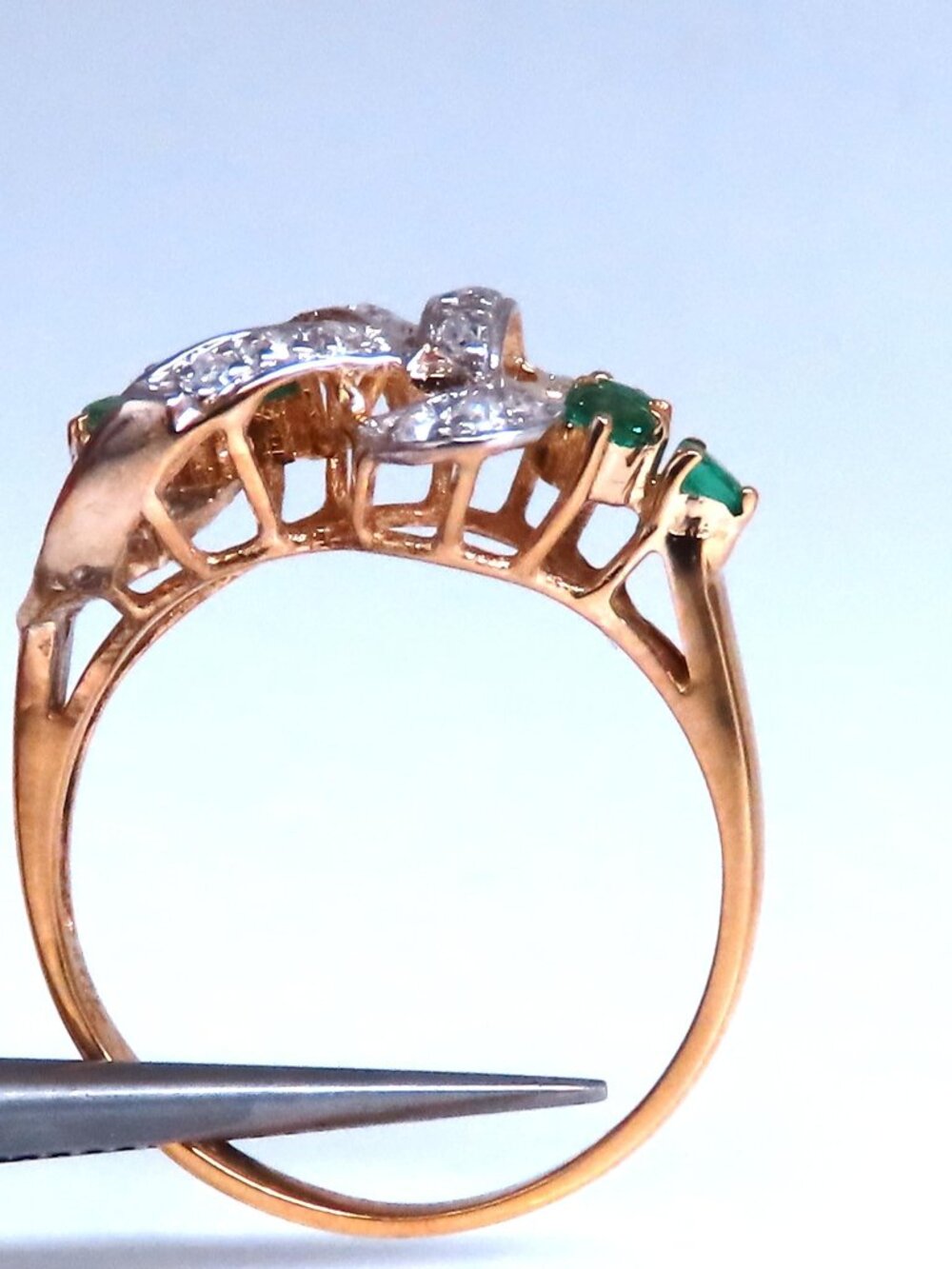 Vintage Revisit Natural Emerald Diamonds Ring Neoclassical 14kt gold 67122*